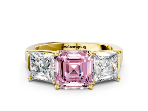 Yellow gold Three-Stone Fancy Pink Asscher Cut Brilliant Diamond Trellis Ring with Comfort Fit Band