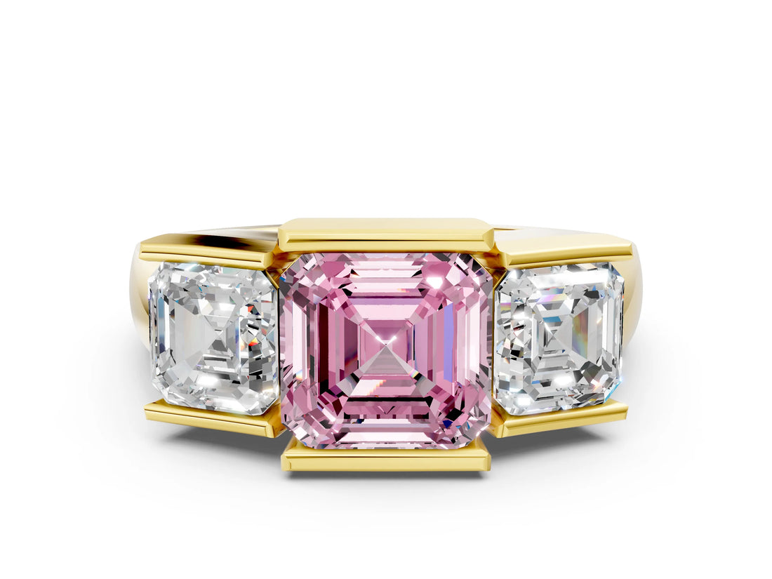 Yellow gold Three Stone Fancy Pink Asscher Cut Cut Channel Set Diamond Ring_12
