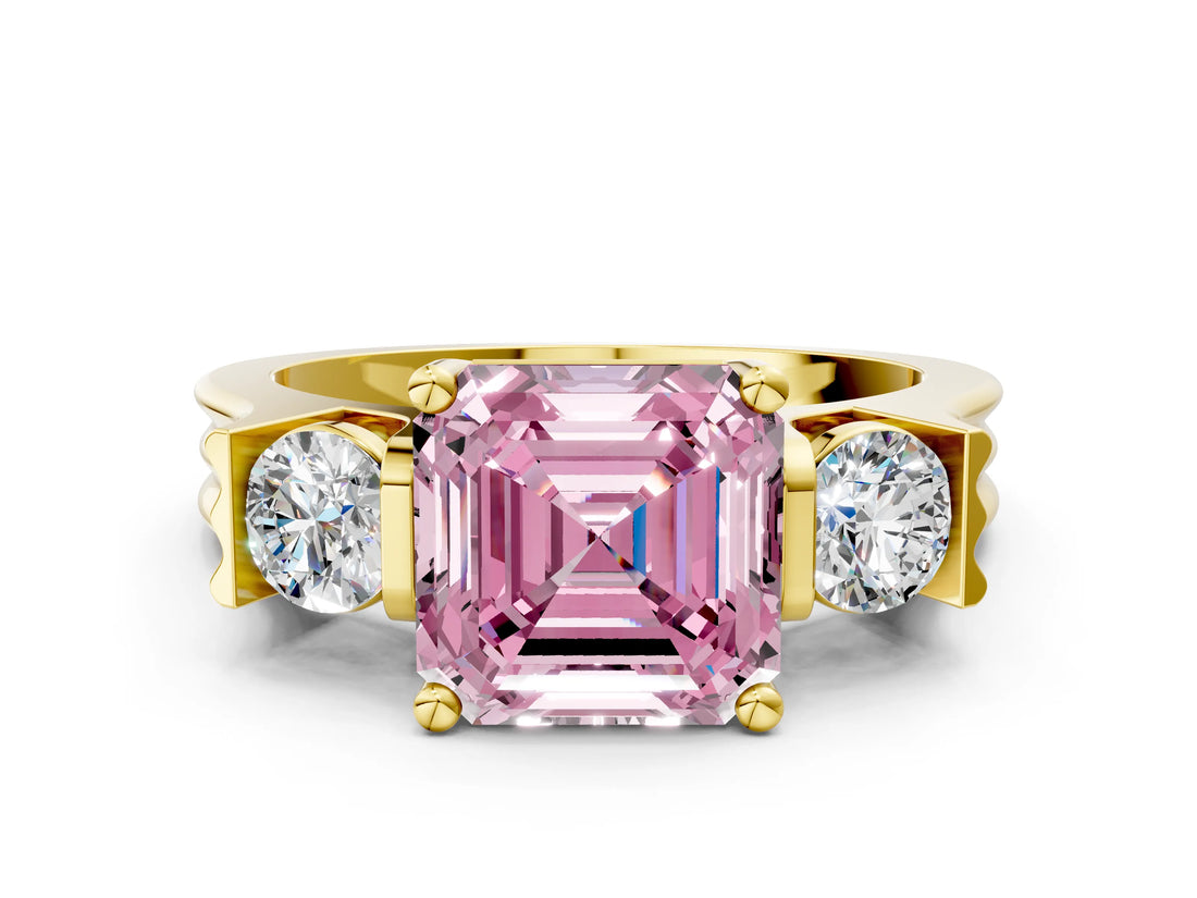 Yellow gold Three-Stone Fancy Pink Asscher Cut Cut Classic Band Prong Setting Ring