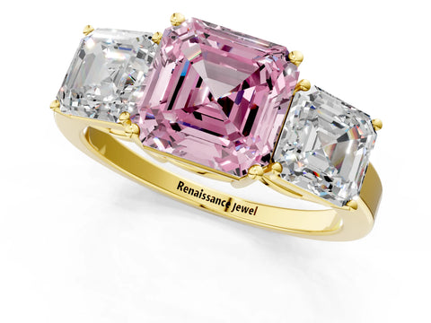 Yellow gold Three-Stone Fancy Pink Asscher Cut Cut Diamond Engagement Ring with Flat Band and Four-Prong Setting_1