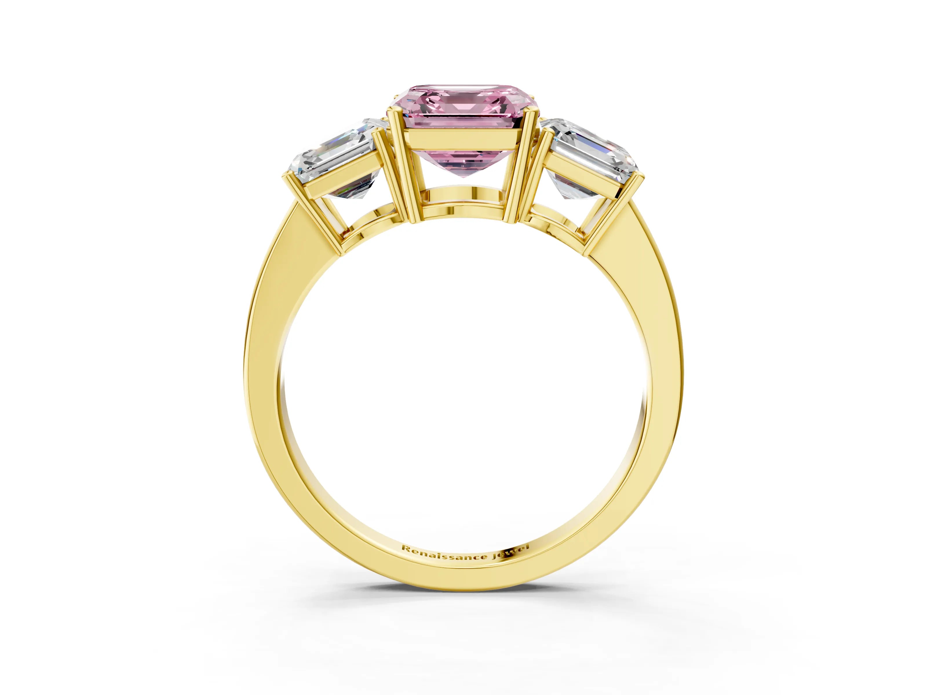 Yellow gold Three-Stone Fancy Pink Asscher Cut Cut Diamond Engagement Ring with Flat Band and Four-Prong Setting_3