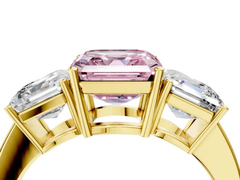 Yellow gold Three-Stone Fancy Pink Asscher Cut Cut Diamond Engagement Ring with Flat Band and Four-Prong Setting_4