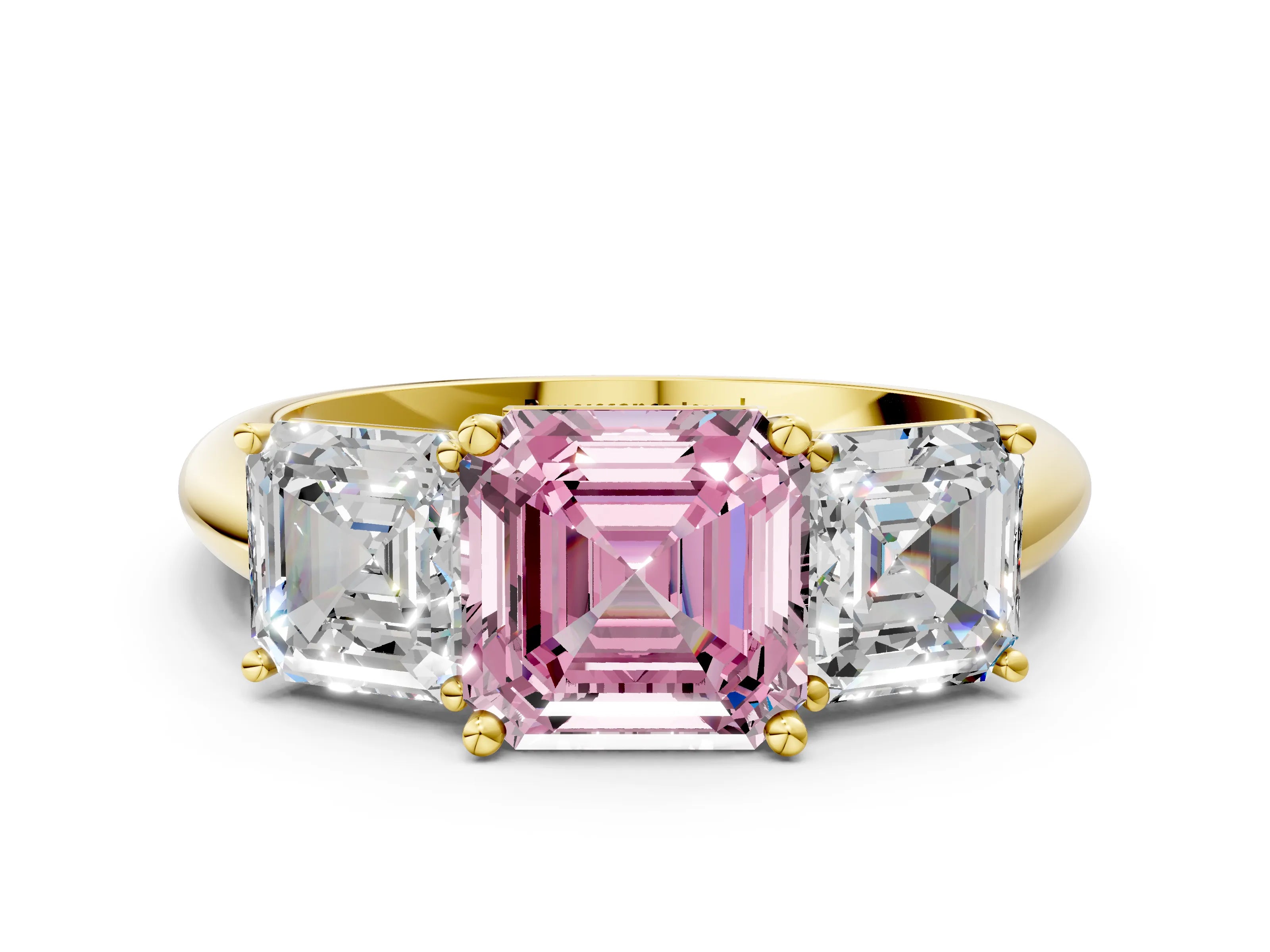 Yellow gold Three-Stone Fancy Pink Asscher Cut Cut Diamond Engagement Ring with Prong Setting on a White Gold Band