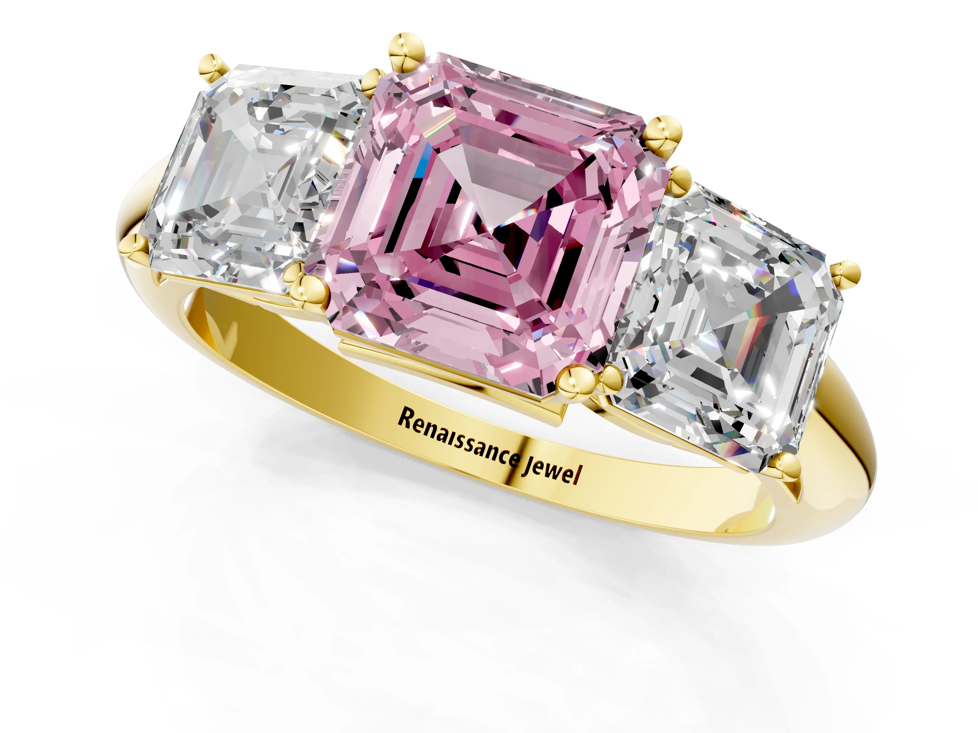 Yellow gold Three-Stone Fancy Pink Asscher Cut Cut Diamond Engagement Ring with Prong Setting on a White Gold Band_1