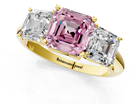 Yellow gold Three-Stone Fancy Pink Asscher Cut Cut Diamond Engagement Ring with Prong Setting on a White Gold Band_1