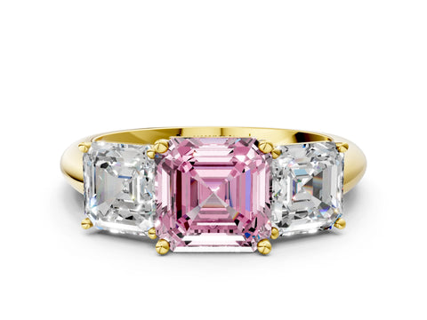 Yellow gold Three-Stone Fancy Pink Asscher Cut Cut Diamond Engagement Ring with Prong Setting on a White Gold Band