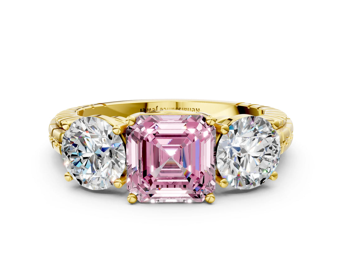 Yellow gold Three-Stone Fancy Pink Asscher Cut Cut Diamond Ring with Channel-Set Band and Prong Setting_12
