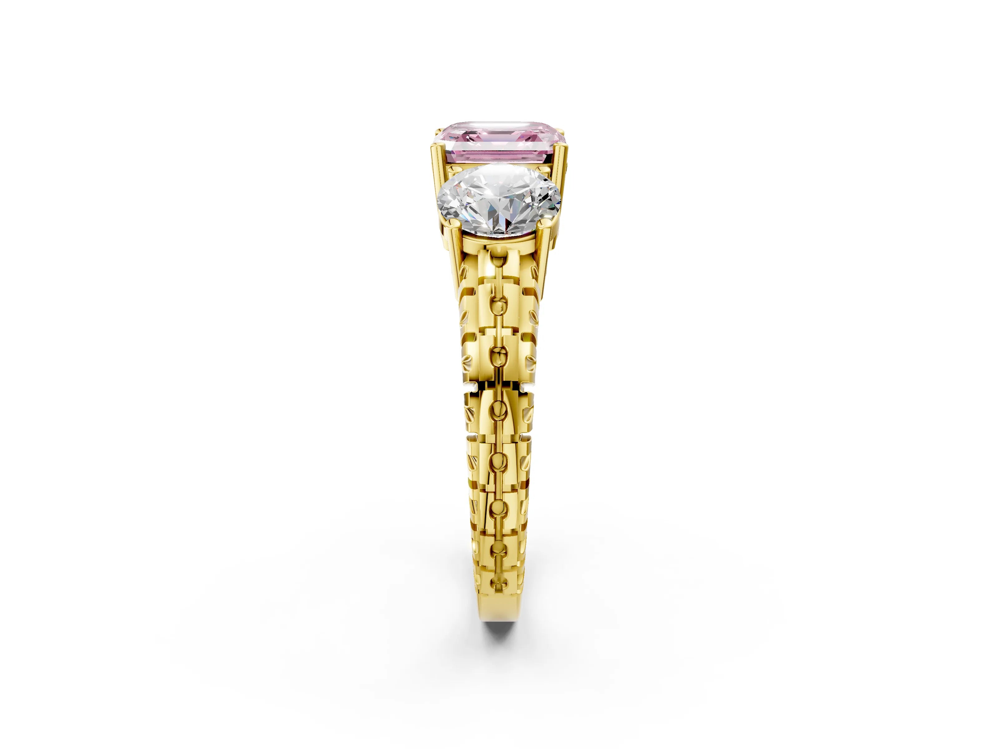 Yellow gold Three-Stone Fancy Pink Asscher Cut Cut Diamond Ring with Channel-Set Band and Prong Setting_2