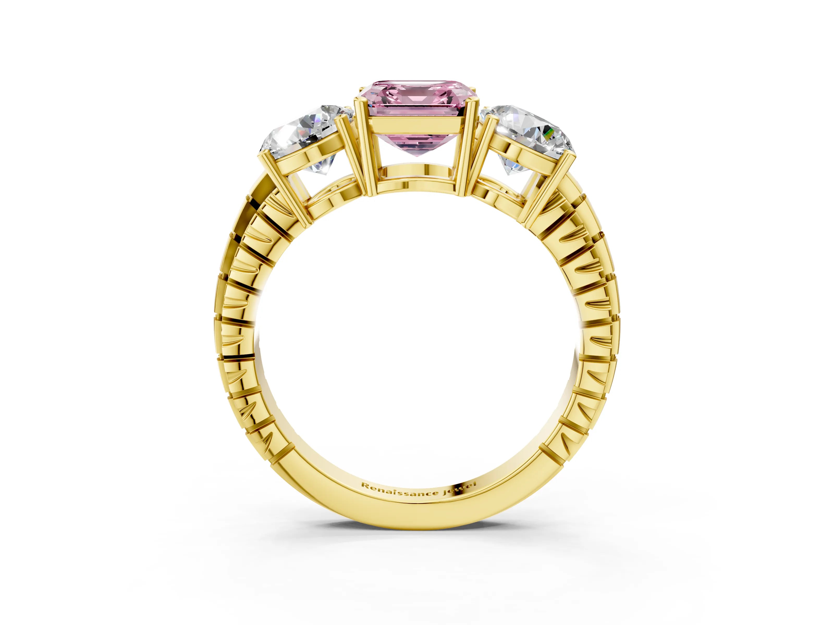 Yellow gold Three-Stone Fancy Pink Asscher Cut Cut Diamond Ring with Channel-Set Band and Prong Setting_3
