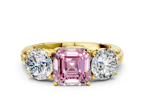 Yellow gold Three-Stone Fancy Pink Asscher Cut Cut Diamond Ring with Channel-Set Band and Prong Setting