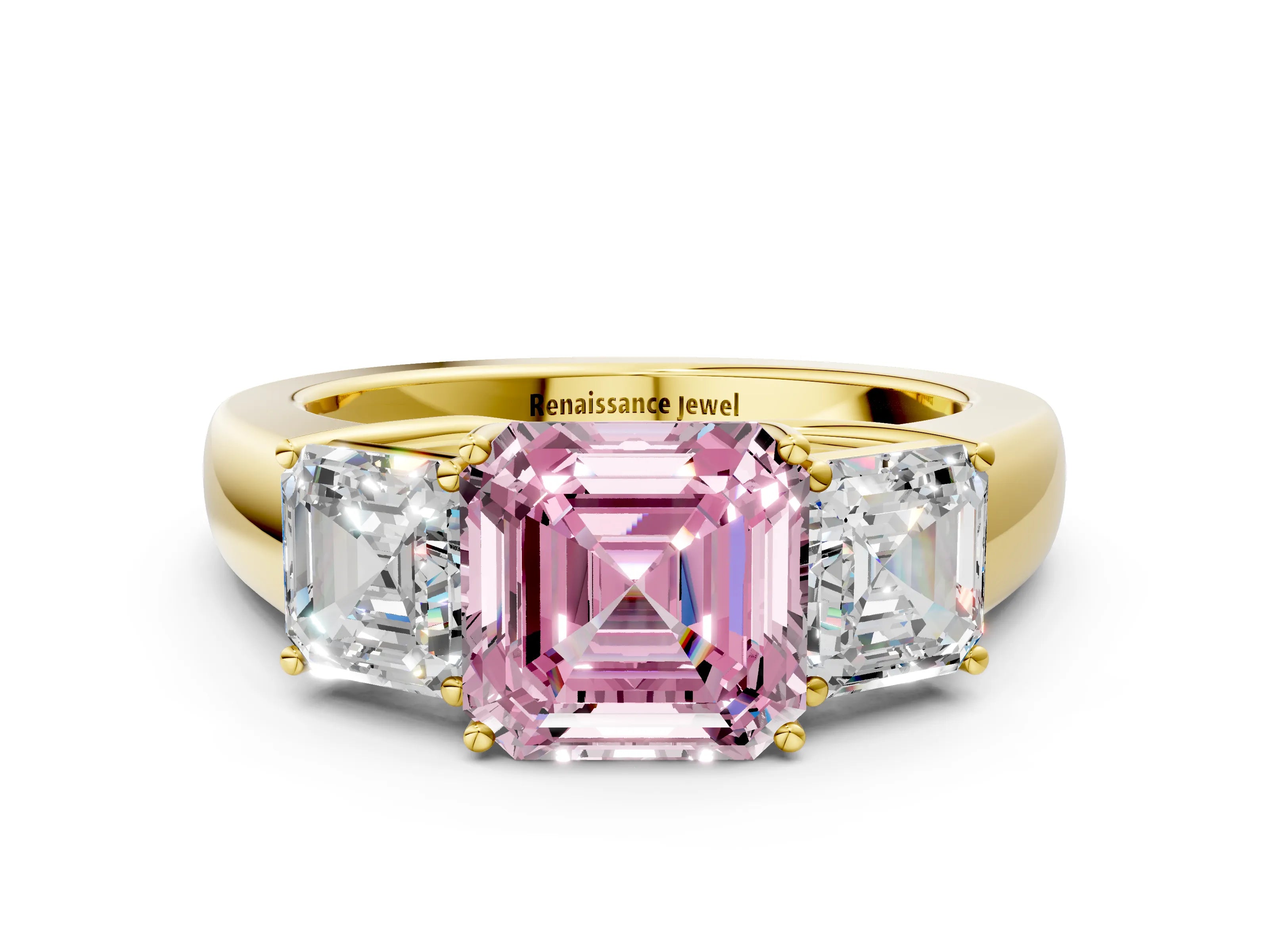 Yellow gold Three-Stone Fancy Pink Asscher Cut Cut Diamond Ring with Prong Setting and Classic Band