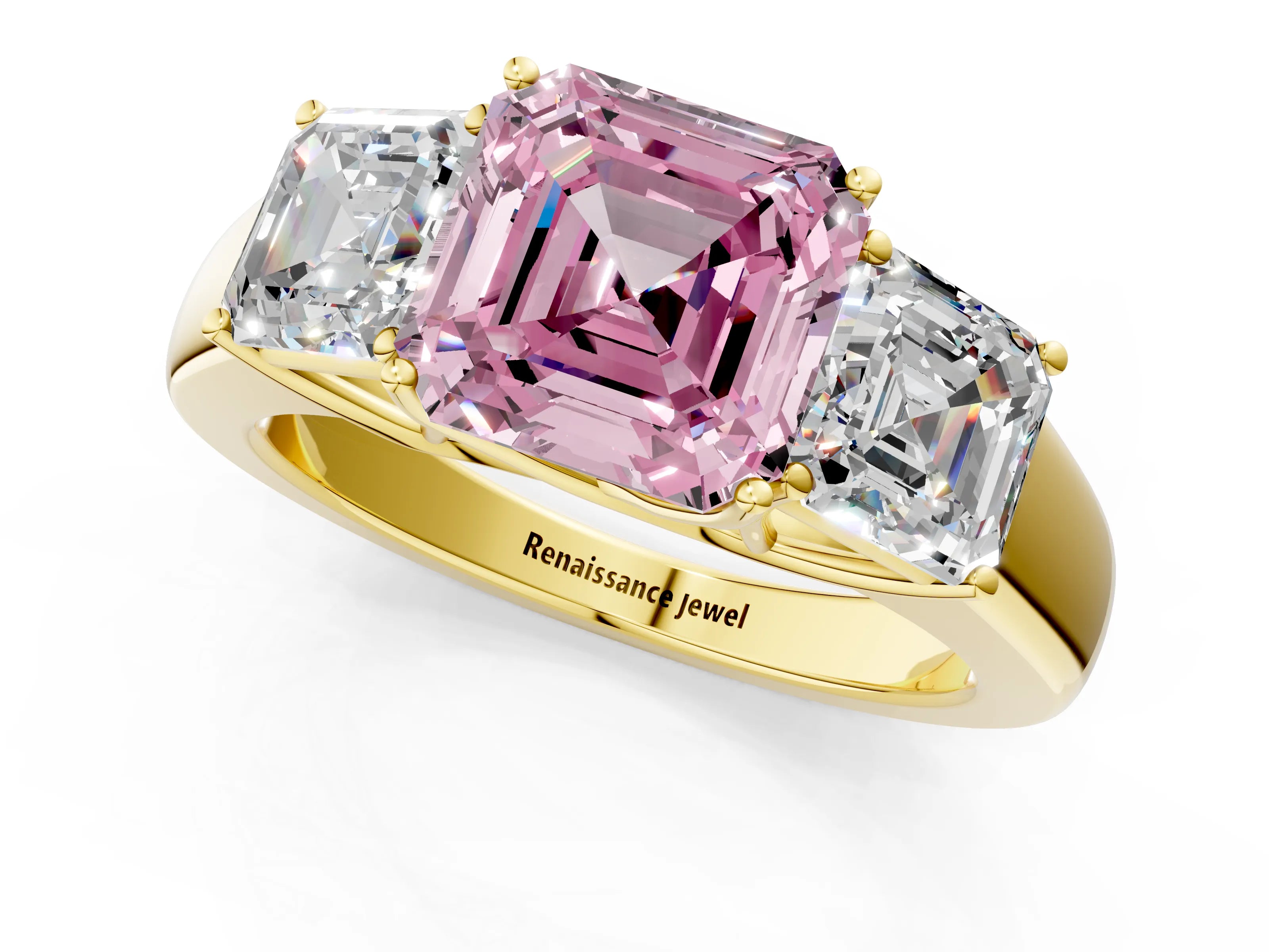 Yellow gold Three-Stone Fancy Pink Asscher Cut Cut Diamond Ring with Prong Setting and Classic Band_1