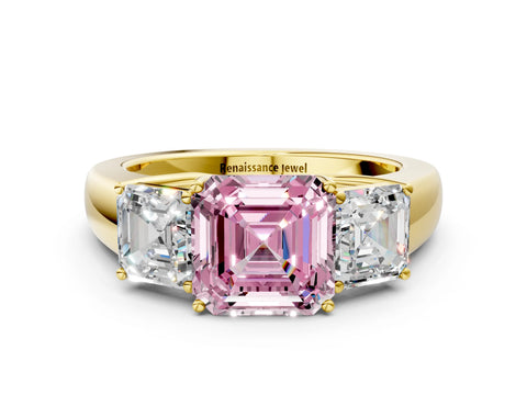 Yellow gold Three-Stone Fancy Pink Asscher Cut Cut Diamond Ring with Prong Setting and Classic Band