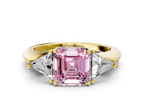 Yellow gold Three-Stone Fancy Pink Asscher Cut Cut Diamond Ring with Trillion Side Stones and Four-Prong Setting_3