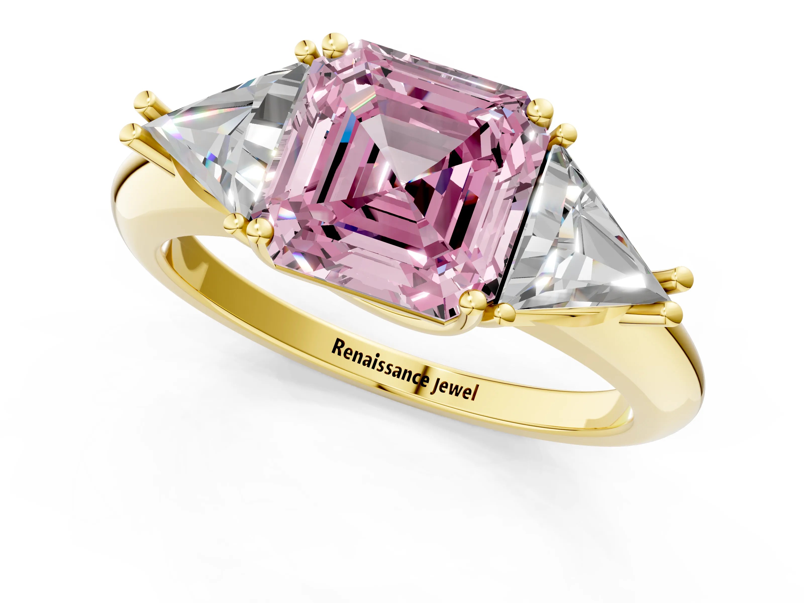 Yellow gold Three-Stone Fancy Pink Asscher Cut Cut Diamond Ring with Trillion Side Stones and Four-Prong Setting_4
