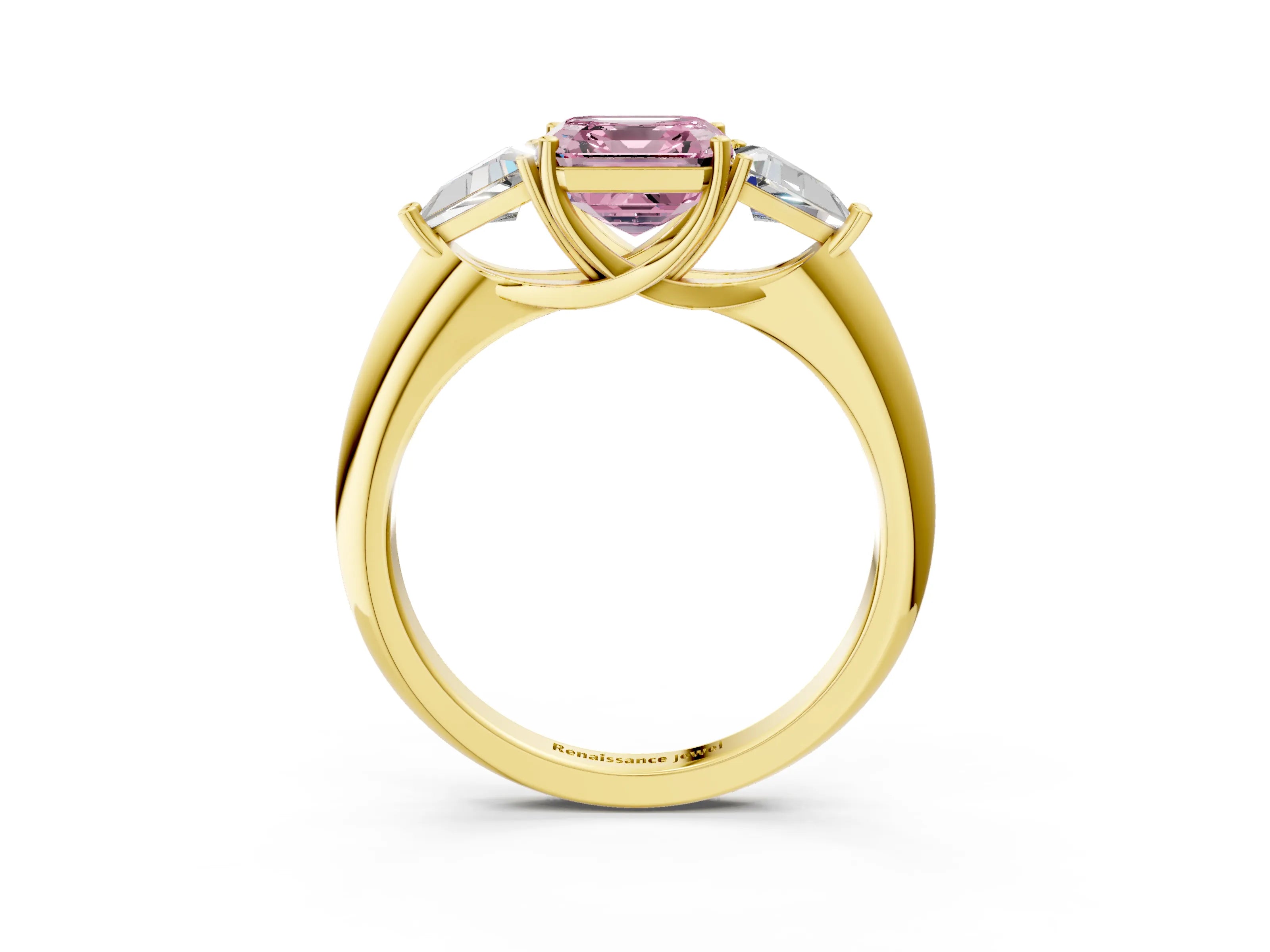 Yellow gold Three-Stone Fancy Pink Asscher Cut Cut Diamond Ring with Trillion Side Stones and Four-Prong Setting_6