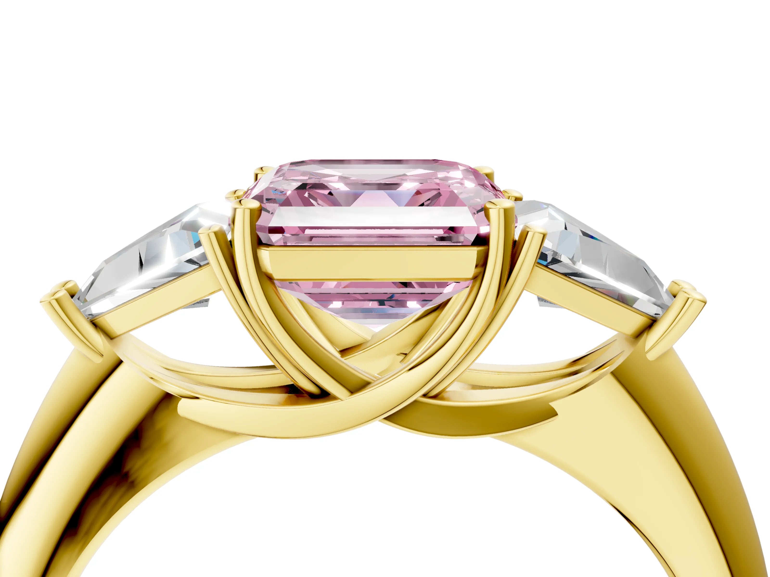 Yellow gold Three-Stone Fancy Pink Asscher Cut Cut Diamond Ring with Trillion Side Stones and Four-Prong Setting_7