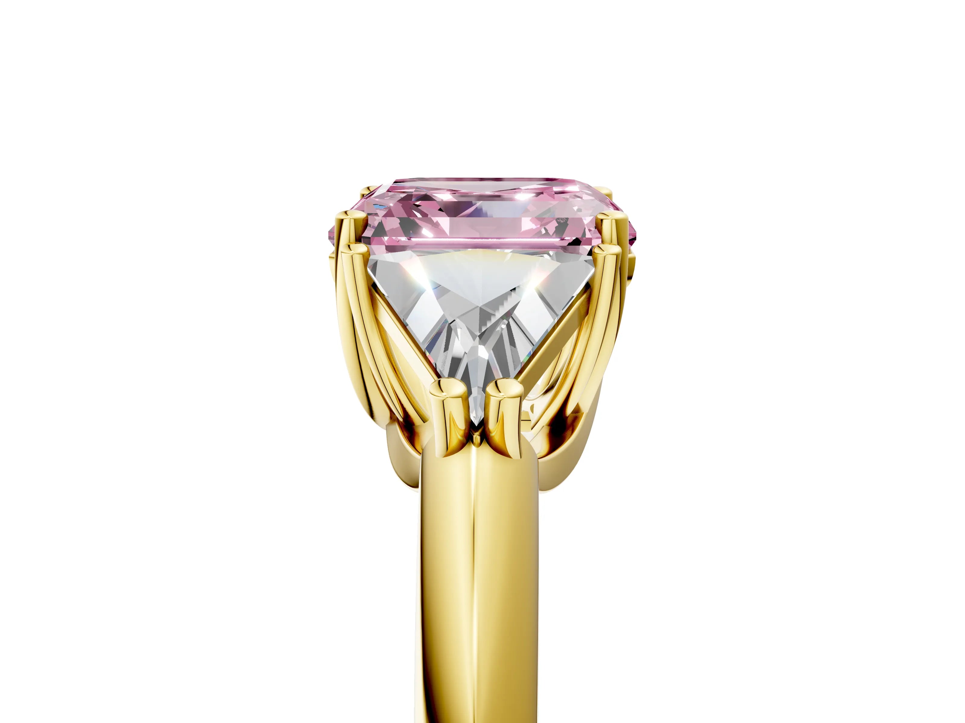 Yellow gold Three-Stone Fancy Pink Asscher Cut Cut Diamond Ring with Trillion Side Stones and Four-Prong Setting_8