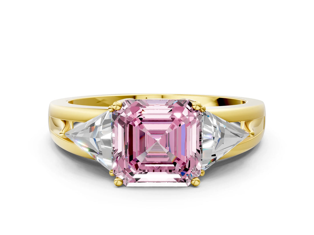 Yellow gold Three-Stone Fancy Pink Asscher Cut Cut Diamond Ring with Trillion Side Stones on a Split Shank Band