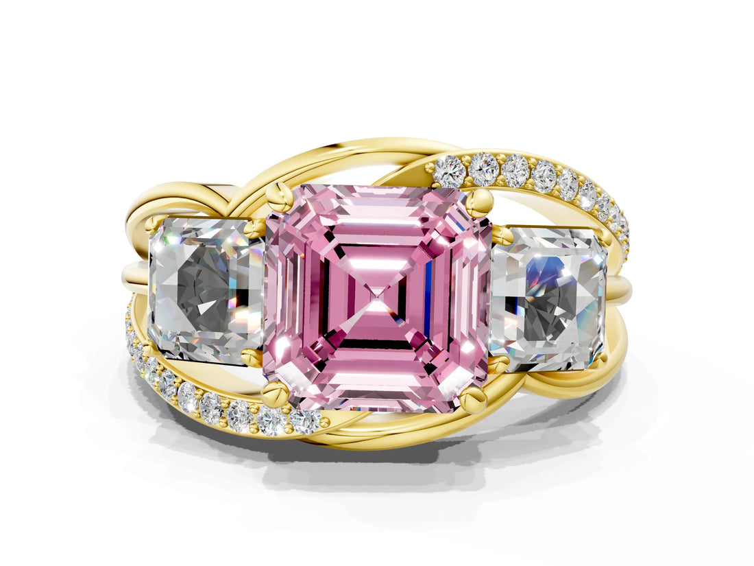 Yellow gold Three-Stone Fancy Pink Asscher Cut Cut Diamond Split Shank Prong Set Ring