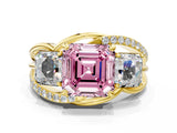 Yellow gold Three-Stone Fancy Pink Asscher Cut Cut Diamond Split Shank Prong Set Ring