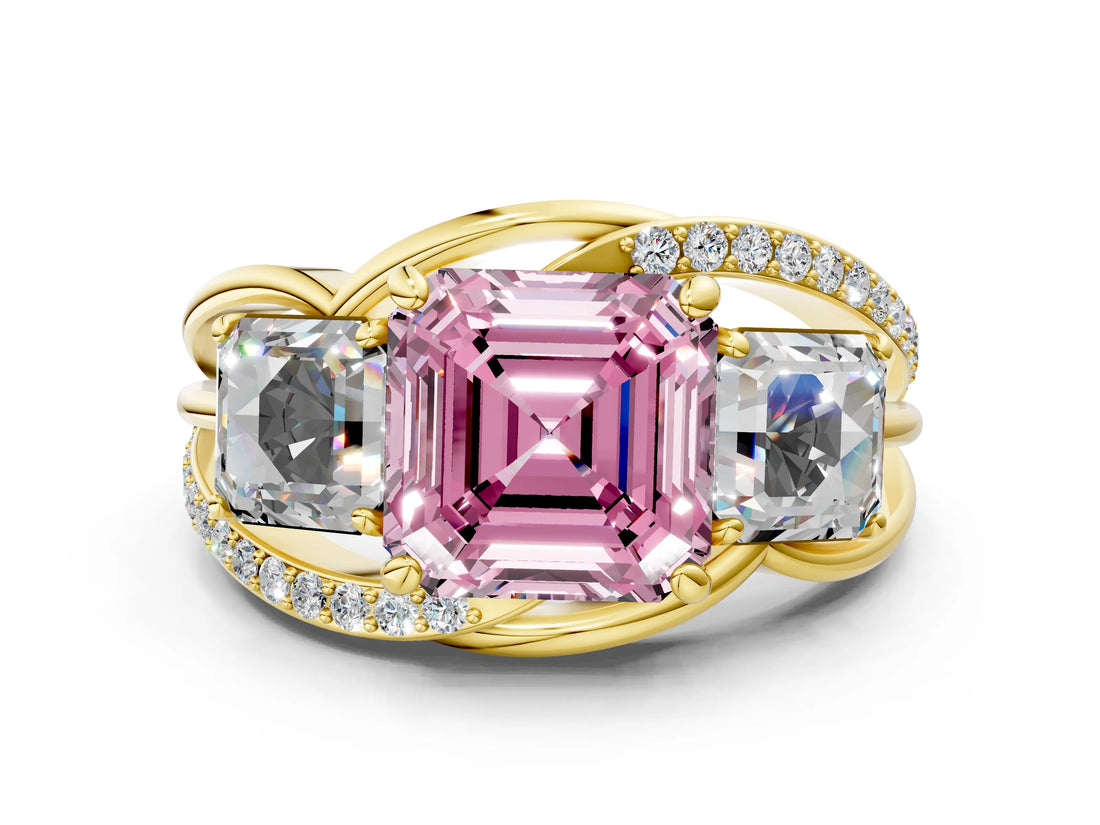 Yellow gold Three-Stone Fancy Pink Asscher Cut Cut Diamond Split Shank Prong Set Ring_12