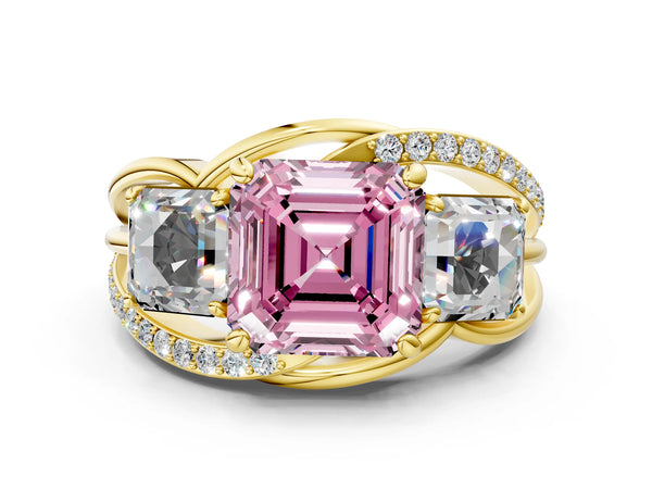 Yellow Gold Asscher Cut Three Stone Split Shank Engagement Ring Setting for Fancy Pink Center