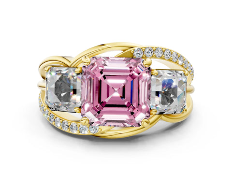 Yellow gold Three-Stone Fancy Pink Asscher Cut Cut Diamond Split Shank Prong Set Ring_12