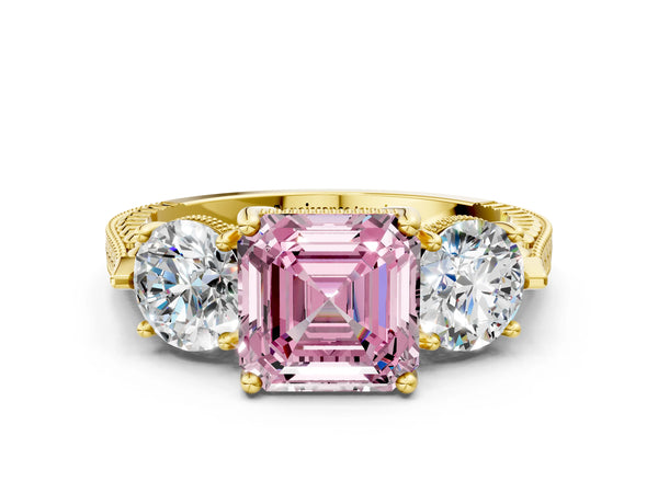 Yellow Gold Asscher Cut Vintage Three Stone Engagement Ring Setting for Fancy Pink Center