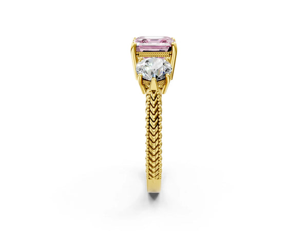 Yellow Gold Asscher Cut Vintage Three Stone Engagement Ring Setting for Fancy Pink Center