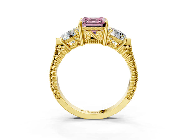 Yellow Gold Asscher Cut Vintage Three Stone Engagement Ring Setting for Fancy Pink Center