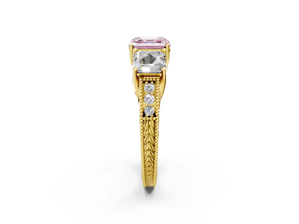 Yellow Gold Asscher Cut Engraved Three Stone Engagement Ring Setting for Fancy Pink Center