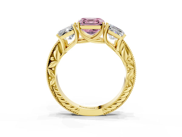 Yellow Gold Asscher Cut Engraved Three Stone Engagement Ring Setting for Fancy Pink Center