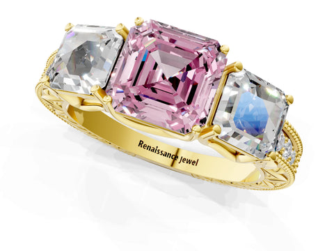 Yellow gold Three-Stone Fancy Pink Asscher Cut Cut Milgrain Pavé Engagement Ring_1