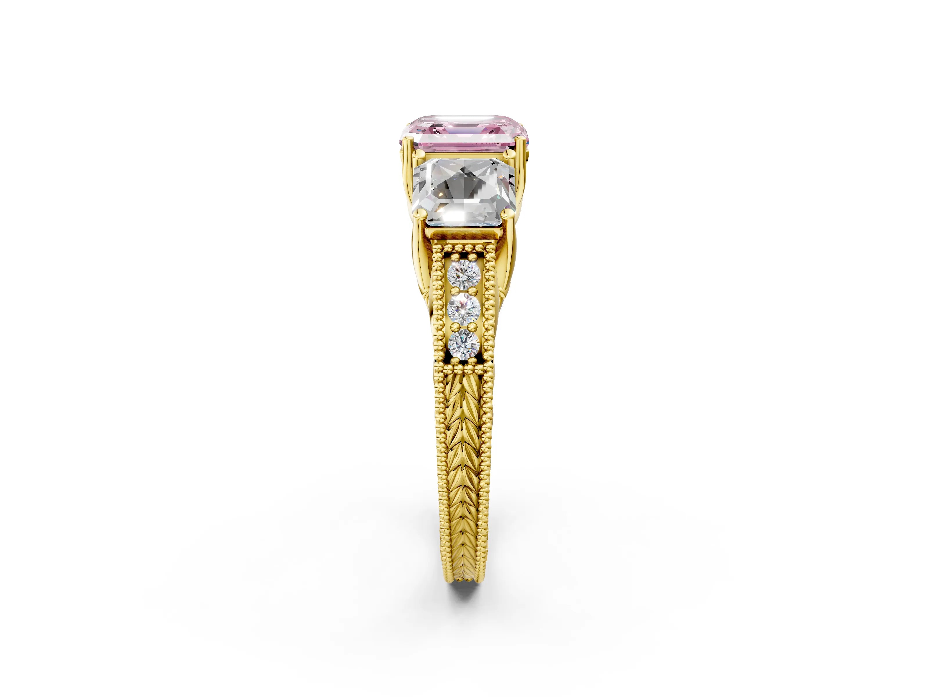 Yellow gold Three-Stone Fancy Pink Asscher Cut Cut Milgrain Pavé Engagement Ring_2