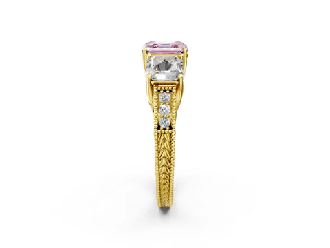 Yellow gold Three-Stone Fancy Pink Asscher Cut Cut Milgrain Pavé Engagement Ring_2