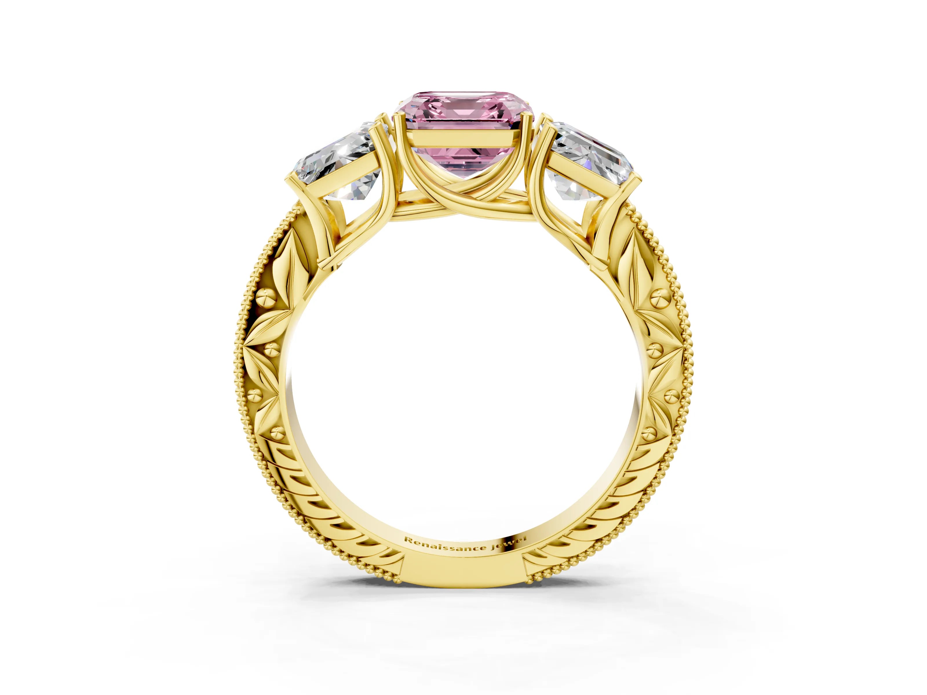 Yellow gold Three-Stone Fancy Pink Asscher Cut Cut Milgrain Pavé Engagement Ring_3