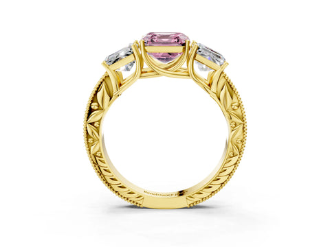 Yellow gold Three-Stone Fancy Pink Asscher Cut Cut Milgrain Pavé Engagement Ring_3
