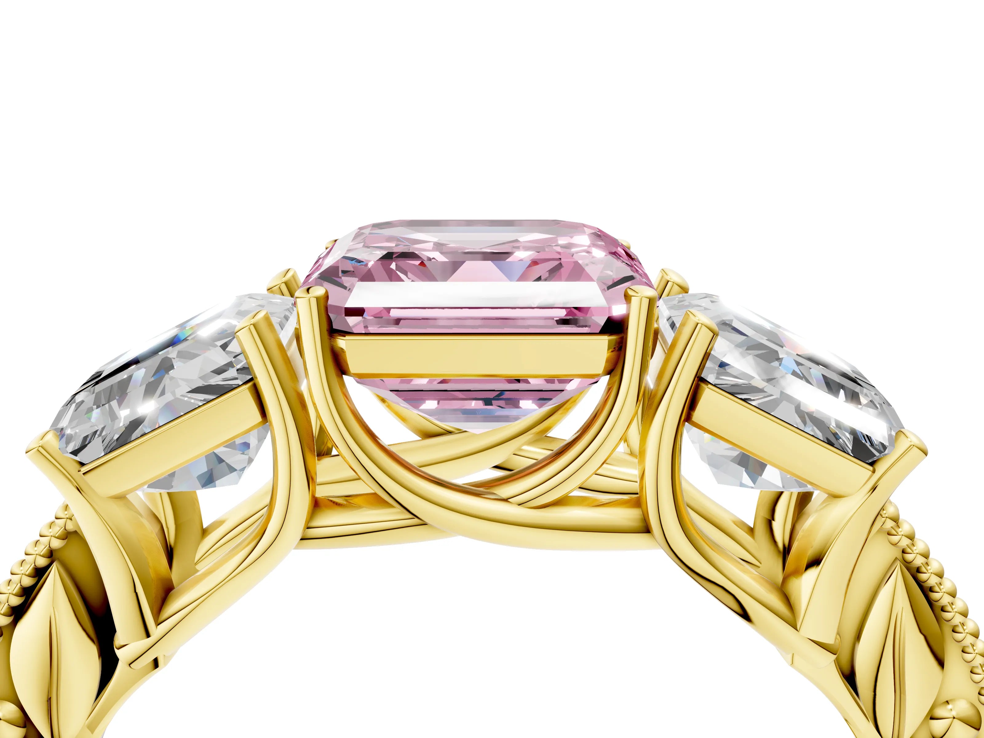 Yellow gold Three-Stone Fancy Pink Asscher Cut Cut Milgrain Pavé Engagement Ring_4