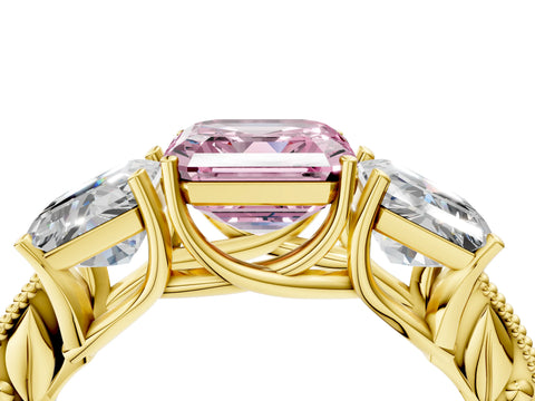 Yellow gold Three-Stone Fancy Pink Asscher Cut Cut Milgrain Pavé Engagement Ring_4