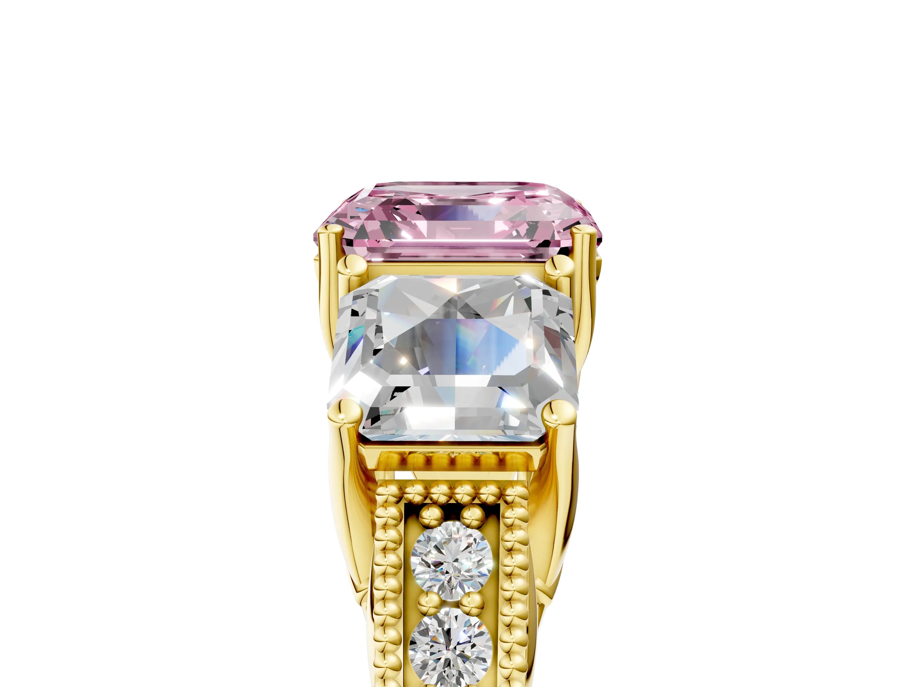 Yellow gold Three-Stone Fancy Pink Asscher Cut Cut Milgrain Pavé Engagement Ring_5
