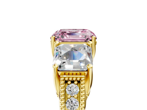 Yellow gold Three-Stone Fancy Pink Asscher Cut Cut Milgrain Pavé Engagement Ring_5
