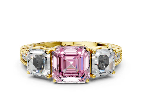 Yellow gold Three-Stone Fancy Pink Asscher Cut Cut Milgrain Pavé Engagement Ring