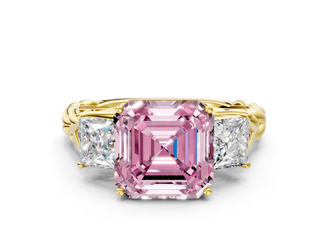 Yellow gold Three-Stone Fancy Pink Asscher Cut Diamond Braided Band Ring with Four-Prong Setting_50