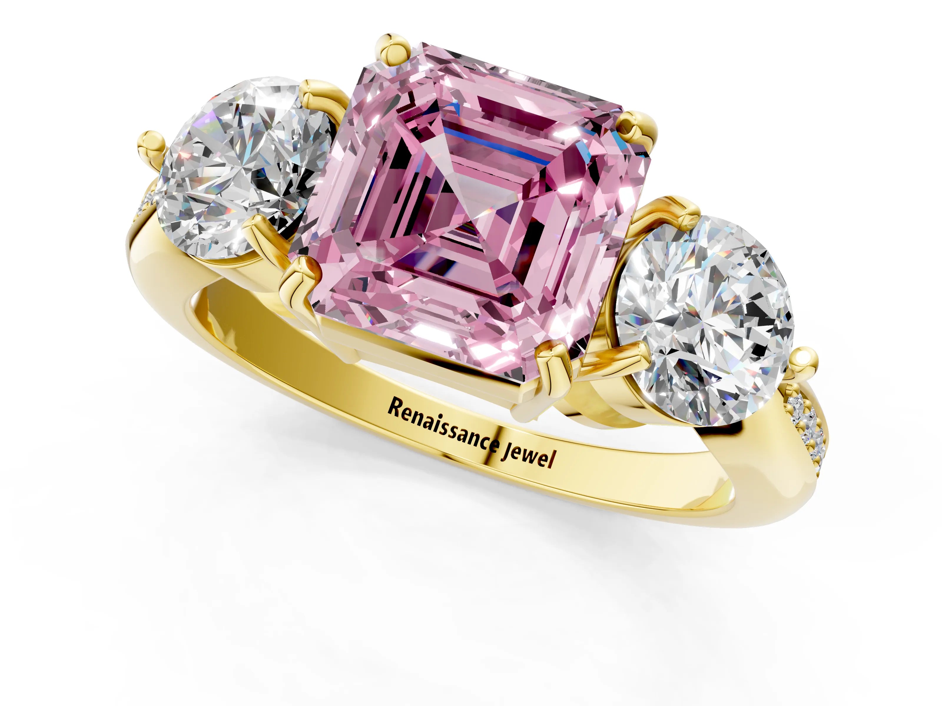 Yellow gold Three-Stone Fancy Pink Asscher Cut Diamond Channel Set Engagement Ring with Prong Setting_1