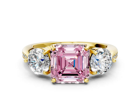 Yellow gold Three-Stone Fancy Pink Asscher Cut Diamond Channel Set Engagement Ring with Prong Setting