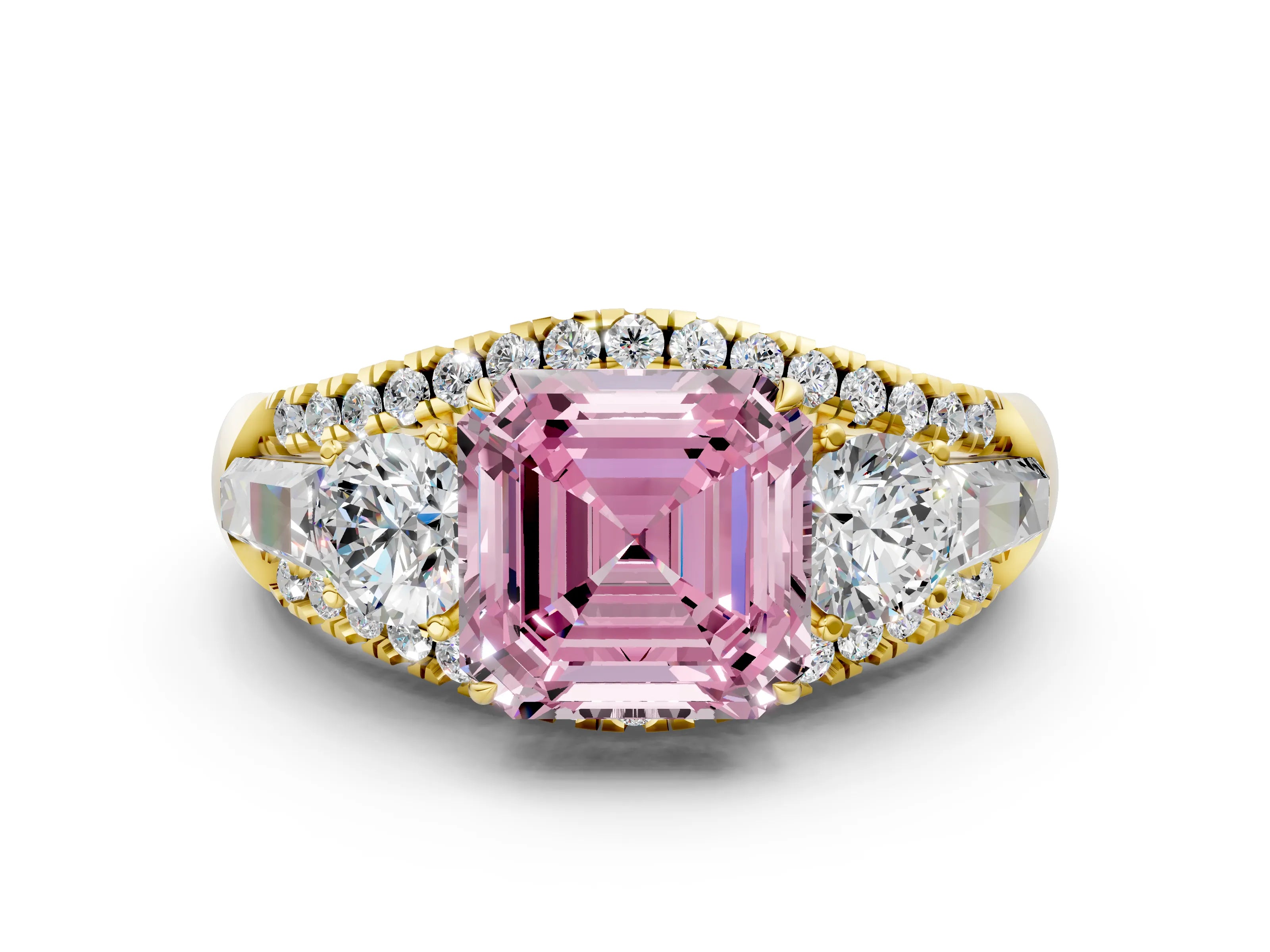 Yellow gold Three-Stone Fancy Pink Asscher Cut Diamond Engagement Ring with Pave Band and Prong Setting