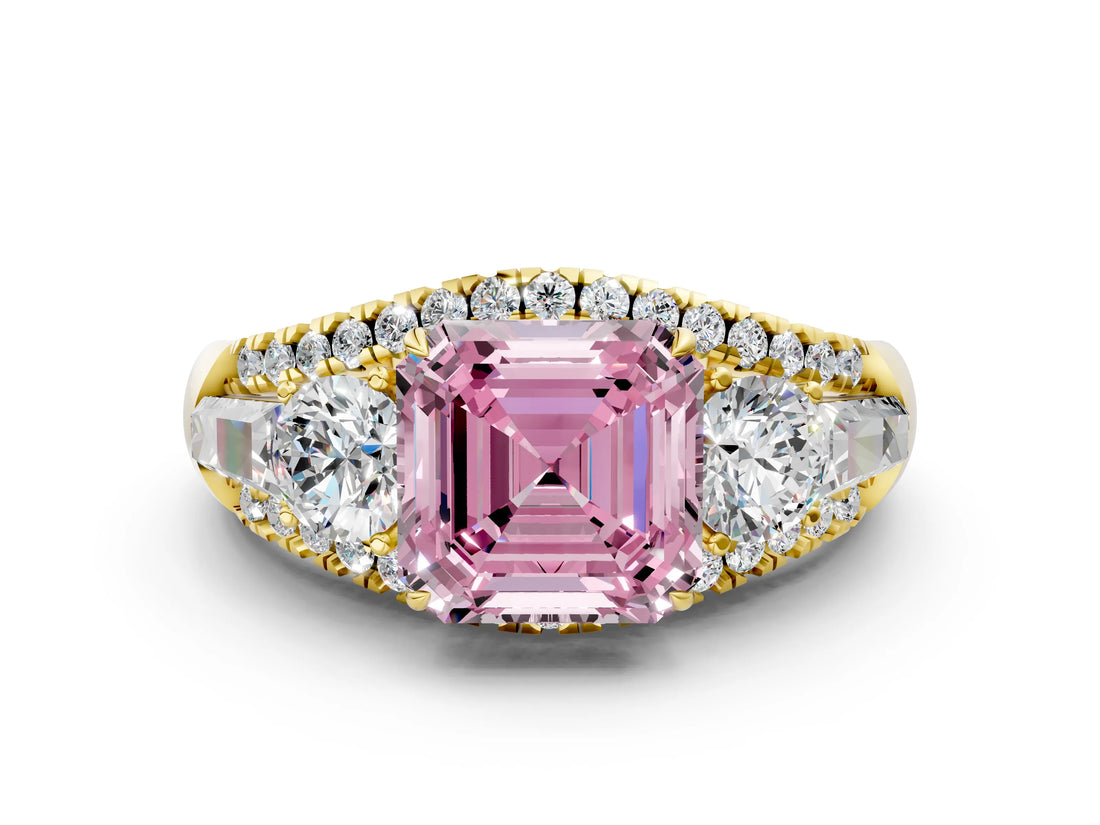 Yellow gold Three-Stone Fancy Pink Asscher Cut Diamond Engagement Ring with Pave Band and Prong Setting