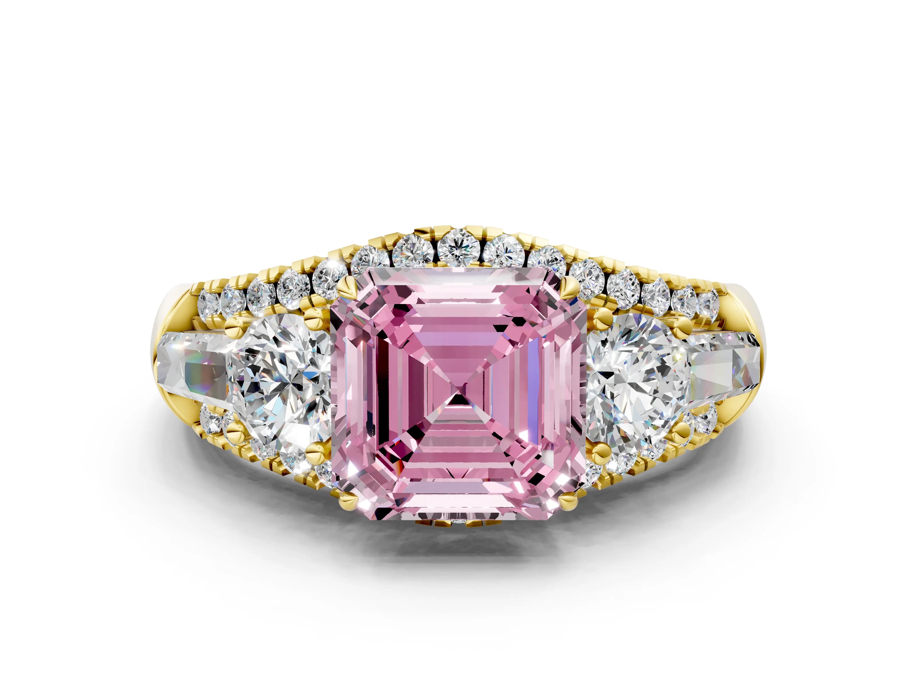 Yellow gold Three-Stone Fancy Pink Asscher Cut Diamond Engagement Ring with Pave Band and Prong Setting_12