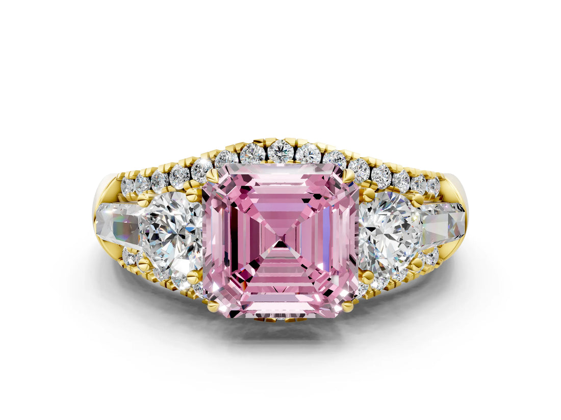Yellow gold Three-Stone Fancy Pink Asscher Cut Diamond Engagement Ring with Pave Band and Prong Setting_12